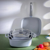Royalford Nonstick Cookware Sets RF12487 Pots and Pans Set, Cooking Sets, Suitable for all stoves, Aluminum Die Cast Body with 3 Layer Granite Coating Tempered Glass Lid Dishwasher Safe 7PCS